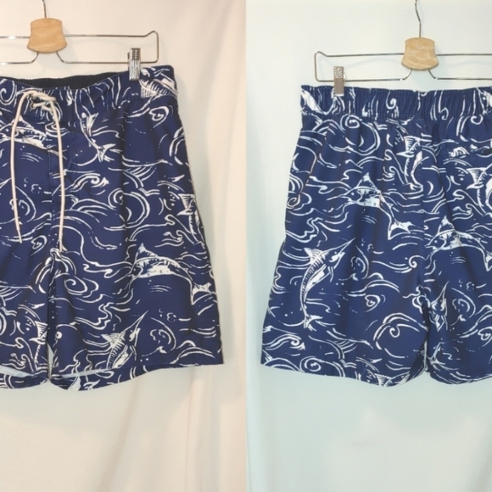 Nautica Swim Shorts Trunks‎ Navy Blue White Ocean Sea Marlin Print Large Lined L